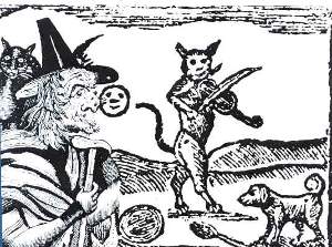 Gatto e strega. Illustrazione del 1618, tratta dal web