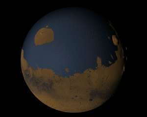 Rappresentazione di Marte con un oceano planetario basato sull'altimetria effettiva del pianeta - Immagine NASA in pubblico dominio