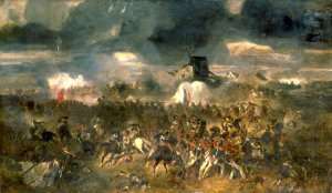 La tremenda confusione nella realtà del combattimento a Waterloo riprodotta nell'opera di Andrieux - Immagine in pubblico dominio, fonte Wikipedia
