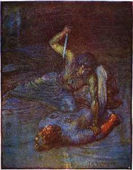 Beowulf in lotta con la madre di Grendel - Immagine in pubblico dominio tratta da "Stories of Beowulf" di Henrietta Elizabeth Marshall, fonte Wikimedia Commons