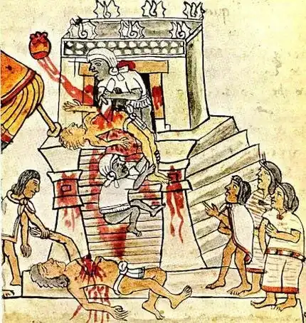 Sacrificio umano azteco rappresentato nel Codex Mendoza del XVI secolo dopo Cristo - Immagine in pubblico dominio, fonte Wikimedia Commons, utente Comandante