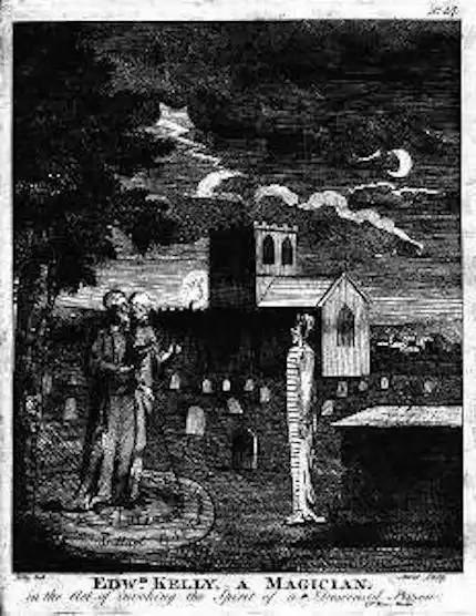 Edward Kelly e John Dee nell'atto di evocare una persona deceduta. Disegno originale di Ebenezer Sibly in "Astrology, A New and Complete Illustration of the Occult Sciences" dello stesso autore, M.D. F.R.H.S, Londra, 1806. Immagine in pubblico dominio, fonte Wikimedia commons