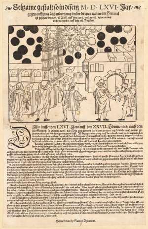 Rappresentazione del fenomeno avvenuto a Basilea secondo Samuel Koch, 1566 - Immagine in pubblico dominio, utente Thgoiter, fonte Wikimedia Commons