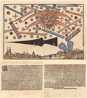 Il fenomeno celeste di Norimberga come rappresentato nel testo di Hans Glaser, conservato presso la Biblioteca Centrale di Zurigo - Immagine in pubblico dominio, utente Thgoiter, fonte Wikimedia Commons
