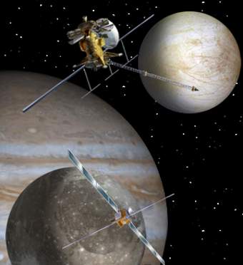 Le sonde Europa Clipper della NASA e JUICE dell'ESA - Immagine in pubblico dominio, fonte Wiimedia Commons