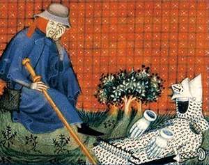 Il pellegrino e l'armatura, opera ben rappresentante i due possibili movimenti fuori dai villaggi degli uomini medievali - Immagine in pubblico dominio, fonte Wikimedia Commons