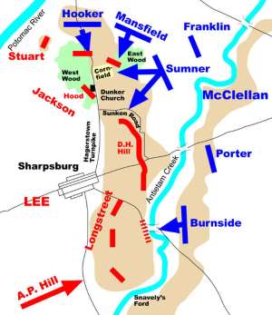 Mappa con gli schieramenti contrapposti durante la battaglia di Antietam, immagine in pubblico dominio, fonte Wikimedia Commons