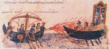Uso del fuoco greco in una miniatura medioevale - immagine in pubblico dominio - fonte Wikipedia