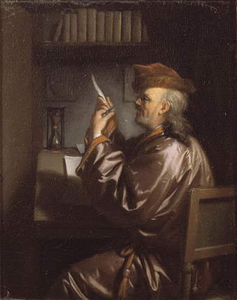 L'affilatura di una penna per scrittura in un dipinto di Philip van Dijk - Immagine in pubblico dominio, fonte Wikimedia Commons, utente QWerk