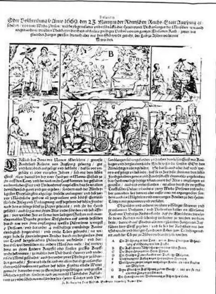 Immagine dell'esecuzione sul rogo di Anna Eberlehrin in Augsburg 1669 - Immagine in pubblico dominio, fonte Wikipedia