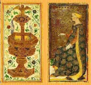 Il Sacro Graal, a sinistra, in una rappresentazione dei Tarocchi, immagine in pubblico dominio, fonte Wikimedia Commons, utente Rosenzweig