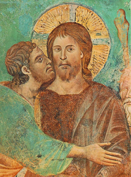 Il bacio di Giuda a Gesù come rappresentato nella Basilica Superiore di San Francesco ad Assisi - Immagine in pubblico dominio, fonte Wikimedia Commons, utente Nicke L