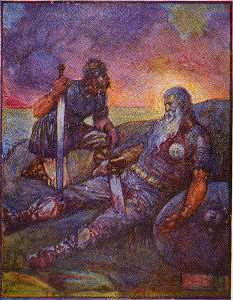 Beowulf morente assistito dal fido Wiglaf - Immagine in pubblico dominio tratta da "Stories of Beowulf" di Henrietta Elizabeth Marshall, fonte Wikimedia Commons