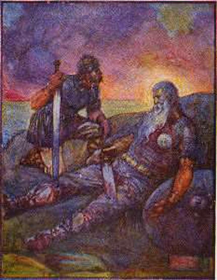 Beowulf morente assistito dal fido Wiglaf - Immagine in pubblico dominio tratta da "Stories of Beowulf" di Henrietta Elizabeth Marshall, fonte Wikimedia Commons